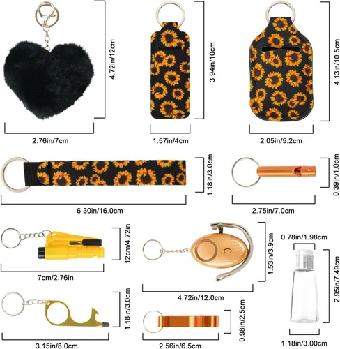 Vista 3 de Juego de 10 llaveros de accesorios para mujer con alarma de seguridad, silbato y llavero de pulsera
