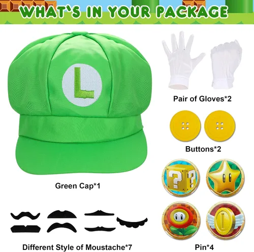 Vista 3 de Lomealy Super Bros Gorras Gorras Bigotes Tirantes Elásticos Guantes Botones Cosplay Disfraz