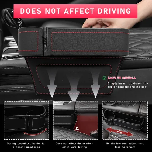 Vista 5 de Organizador de Espacio para Asiento de Coche con Portavasos Expandible, Almacenamiento para Asiento Delantero Automotriz con Portavasos, Caja