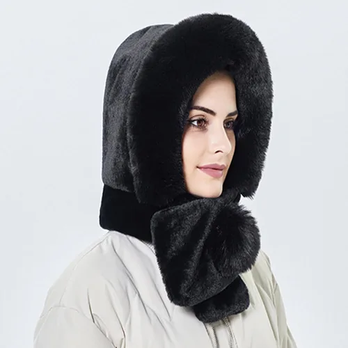 Vista 2 de Conjunto de bufanda de invierno para mujer, cálido siamés con capucha, gorro de lana de punto resistente al viento, gorro de felpa suave