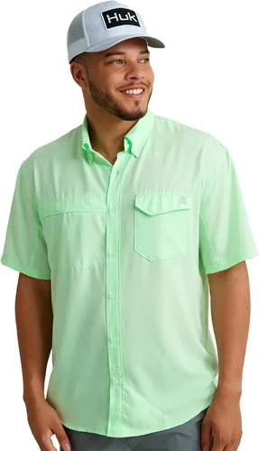 Vista 35 de HUK Men's Tide Point Kc Scott Original Artwork Short Sleeve Shirt, Fishing Button Down Negro