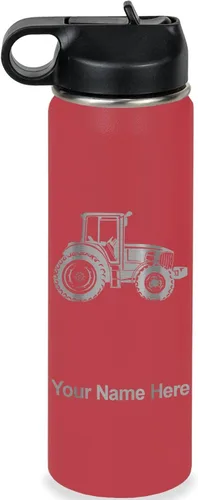Vista 8 de LaserGram Botella de agua personalizada, tractor agrícola, acero inoxidable de doble pared aislada al vacío con popote superior, regalo grabado