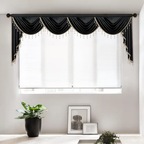 Vista 25 de Cenefas de cortina de terciopelo negro de lujo para sala de estar con cuentas (39 pulgadas, 1 panel)