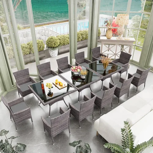 Vista 19 de Juego de 10 piezas de comedor para patio al aire libre, mesa de patio y sillas de ratán con agujero para paraguas, juego de mesa de comedor para 8