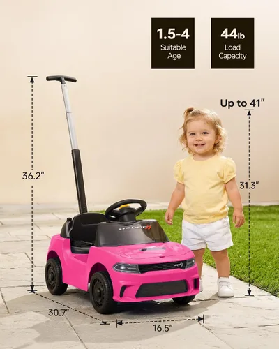 Vista 8 de Dodge Ride on Push Car con licencia para niños pequeños de 1 a 3 años con mango y música Rosa