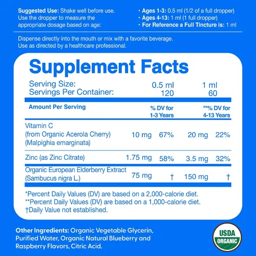 Vista 2 de Gotas Líquidas de Saúco para Niños con Vitamina C y Zinc - 2 fl oz - Suplemento de Apoyo Inmunológico para Niños y Pequeños de 1 a 13 Años Orgánico