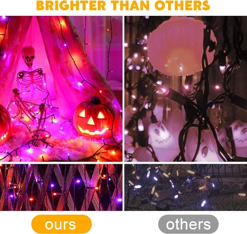 Vista 7 de weillsnow Luces de Halloween Moradas y Naranjas, 200 LED 66 Pies con Enchufe Luces de Cadena de Halloween Impermeables, 8 Modos con Memoria