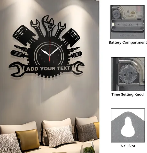 Vista 3 de Reloj de pared personalizado para taller de reparación de automóviles – Añade texto con nombre personalizado – Regalo para reparador, albañil