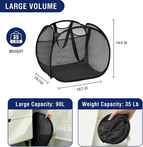 Vista 3 de TECHMILLY Cesta plegable de malla con asas fuertes, cesta de ropa de gran apertura con bolsillos laterales, cestas de almacenamiento para Blanco