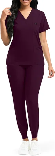 Vista 2 de niaahinn Conjunto de ropa quirúrgica clásica con cuello en V y pantalón deportivo de yoga, uniforme médico de enfermería