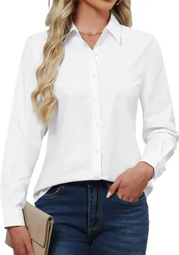 Vista 4 de Camisas con botones J.VER para mujer con cuello elástico y manga larga de algodón, camisa de vestir casual de negocios para el trabajo