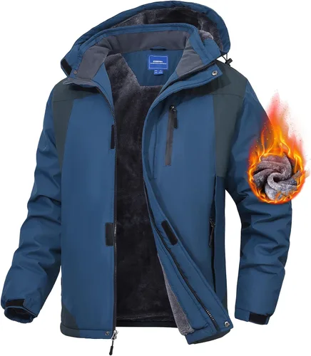 Vista 13 de Chaqueta de esquí para hombre, impermeable, con forro de vellón, abrigo de nieve cálido, cortavientos, con capucha, para el invierno