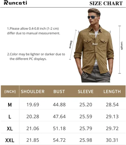 Vista 7 de Runcati Camisas de gamuza de manga larga para hombre, con botones, casual, trabajo, occidental, ajuste regular