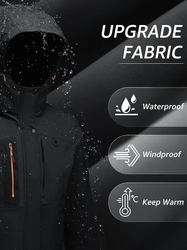 Vista 7 de Chaqueta térmica impermeable a prueba de viento para hombre, con capucha, aislada, ligera, abrigo de nieve de invierno con múltiples bolsillos