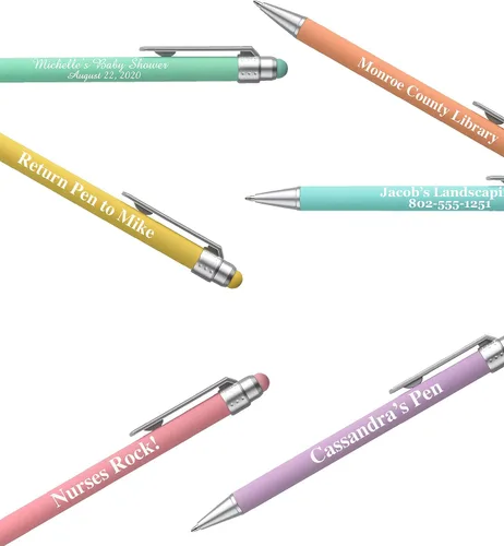 Vista 5 de ExpressDesigns™ - Bolígrafos personalizados pastel con lápiz capacitivo - Diseño suave al tacto - Bolígrafos con nombre impresos personalizados