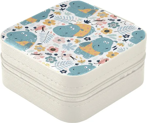 Vista 2 de ZZKKO Joyero pequeño con diseño floral de hipopótamo, joyero de viaje, organizador de viaje de cuero, mini cajas de almacenamiento portátiles