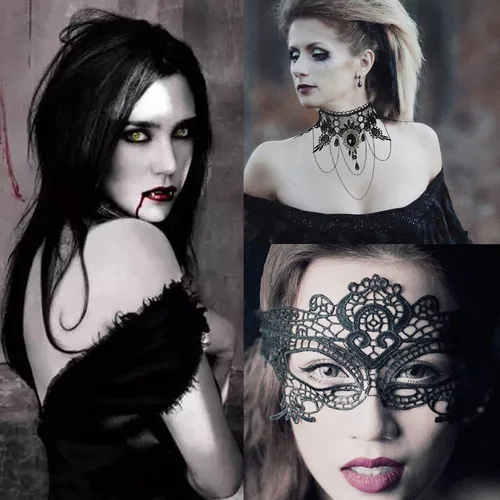 Vista 2 de 9 piezas de Halloween de dientes de vampiro colmillos góticos gargantillas pulseras accesorios de cosplay para mujer, Resina