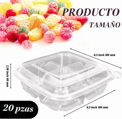 Vista 2 de Paquete de 20 recipientes transparentes Bento para aperitivos, 4 compartimentos con tapas Clear Divided Food Storage Containers, 6.3X6.3X2.36In