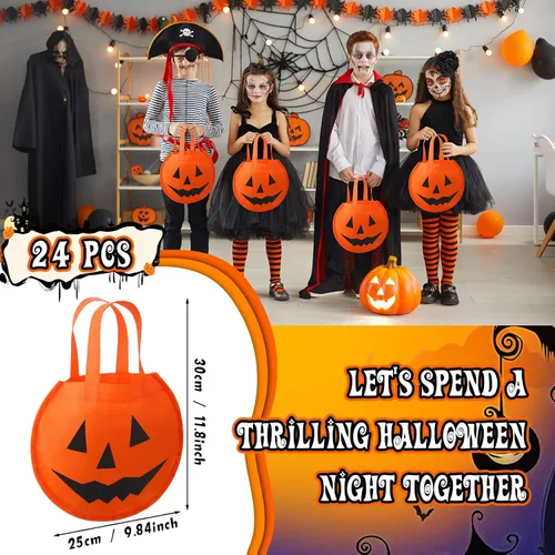 Vista 3 de 24 bolsas de calabaza de Halloween de 11.8 x 9.8 pulgadas, no tejidas, bolsas de truco o trato, cara de calabaza, caramelos, bolsa de regalo