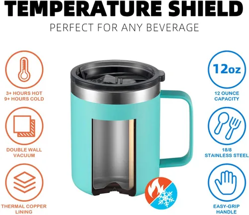 Vista 4 de Taza para café de acero inoxidable aislado con asa, de doble pared con tapa (12 onzas)