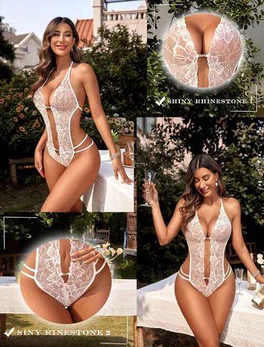 Vista 49 de Avidlove - Body de lencería de una pieza para mujer, diseño de encaje sexy con escote en V profundo, babydoll, ropa de dormir, tallas XS a XXXL