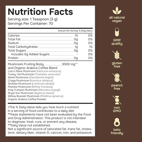 Vista 2 de Café de hongos – 9 hongos adaptogénicos – Melena de león orgánica, Chaga, Reishi, cola de pavo, café instantáneo – para claridad, enfoque, energía