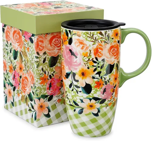 Vista 11 de DUSVALLY Taza de viaje de cerámica de 17 onzas con tapa y asa, taza de café 17oz