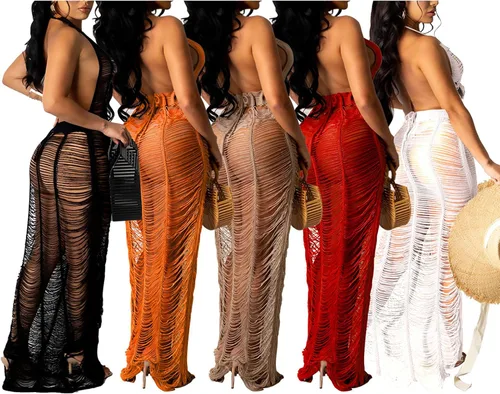 Vista 4 de Vestido largo de ganchillo sexy para mujer sin mangas de malla transparente sin espalda tejido de punto para la playa bikini