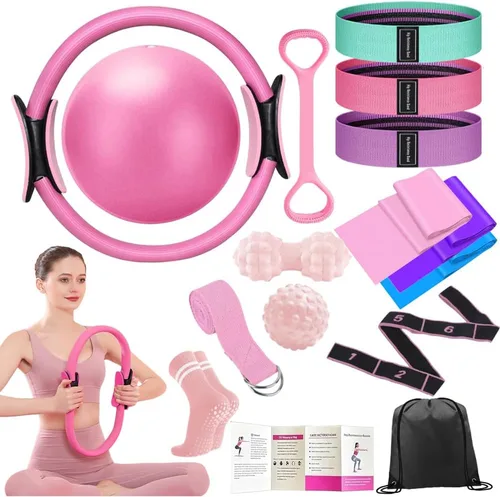 Vista 8 de Juego de anillos de pilates profesional con más de 16 piezas, círculo mágico antidoblez de 14 pulgadas, bandas de resistencia, pelota de yoga, guía