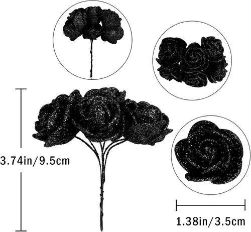 Vista 3 de Ramo de rosas negras con purpurina, 72 piezas de rosas artificiales de espuma con tallos para bricolaje, boda, hogar, fiesta, Navidad, Halloween 72