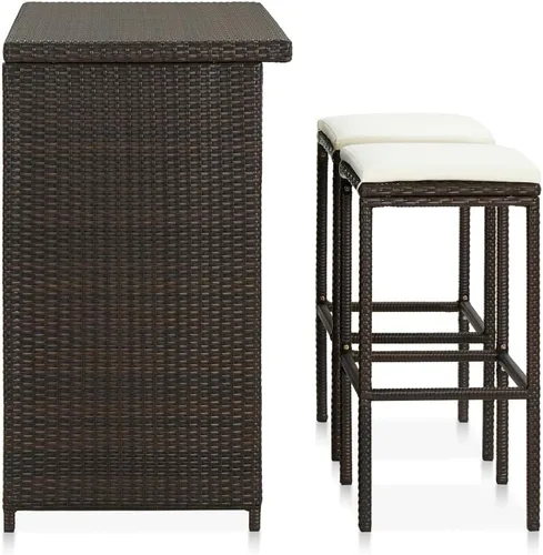 Vista 3 de Juego de barras de 3 piezas de ratán sintético rectangular marrón con marco de acero, diseño moderno para interiores y exteriores, comedor y patio