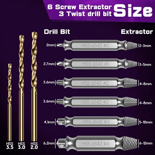 Vista 5 de Juego de 9 extractores de tornillos dañados, modelo mejorado HSS 6542, herramienta de extracción de tornillos de agarre de tornillo, herramientas