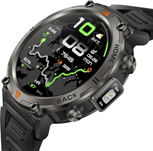 Vista 18 de Reloj inteligente militar para hombre, reloj GPS con linterna, brújula 3ATM, impermeable, resistente, táctico, inteligente, Bluetooth, 1.45