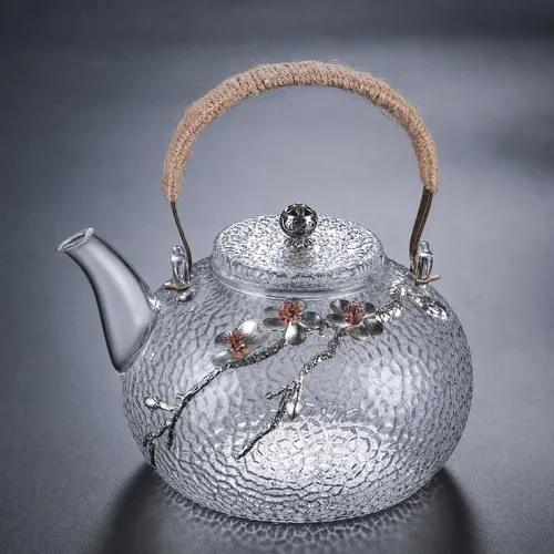 Vista 2 de Japanese Style Hammered Glass Teapot with Plum Blossom Decor 900ml (Removable Infuser)