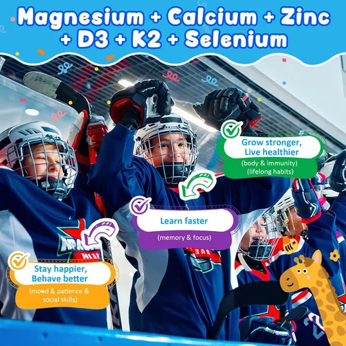 Vista 5 de Gomitas para dormir con magnesio + azafrán para niños, gomitas relajantes rellenas, calcio y zinc, minerales + multivitamínicos, sin melatonina
