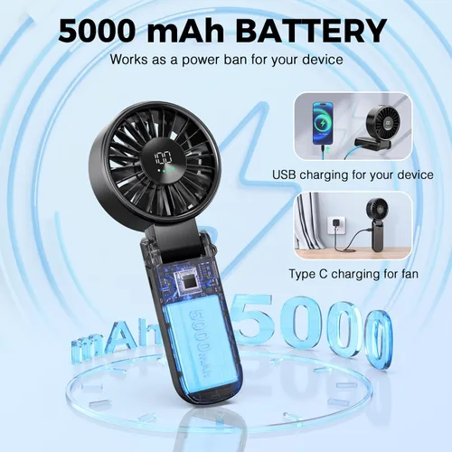 Vista 3 de Ventilador portátil de mano para viajes y playa, 5000mAh, como banco de energía Turbo Wind de 6 velocidades 100 niveles de flujo de aire Pantalla