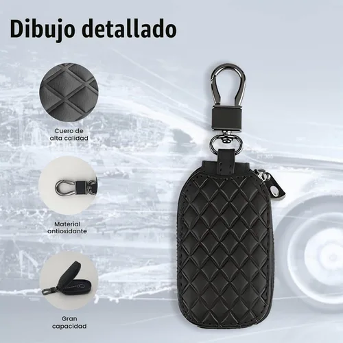 Vista 3 de Funda universal para llave de automóvil, funda de cuero para llavero inteligente, protector antiarañazos con cremallera y gancho de metal