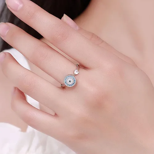 Vista 4 de Anillos giratorios de ojo del diablo, anillo de plata esterlina S925 para mujer, anillos abiertos ajustables