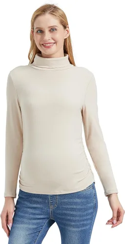 Vista 2 de Foucome Camisas de manga larga de cuello alto para maternidad, con forro polar, básicas, ajustadas, ropa interior térmica para embarazo