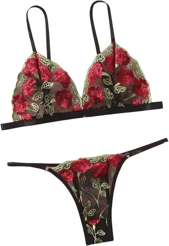 Vista 5 de SweatyRocks Conjunto de lencería de malla con bordado floral para mujer