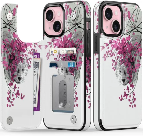 Vista 141 de FUNMIKO Funda tipo cartera para iPhone 15 con tarjetero + clip para efectivo, bloqueo RFID, protección contra caídas de grado militar y obras