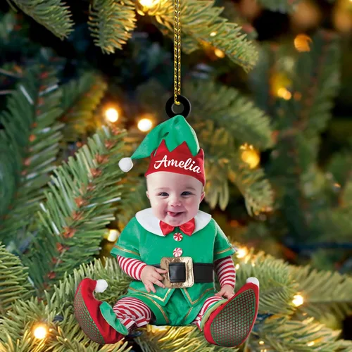 Vista 17 de Adorno personalizado de primera Navidad del bebé con carga de foto, decoración plana colgante de cara de recién nacido para árbol navideño, lindo