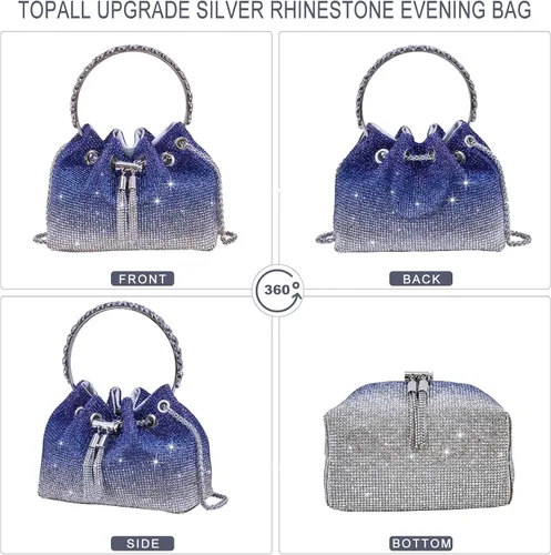 Vista 4 de Bolso de noche con diamantes de imitación para mujer, bolso de mano plateado con diamantes brillantes para mujer, fiesta, club, boda, baile