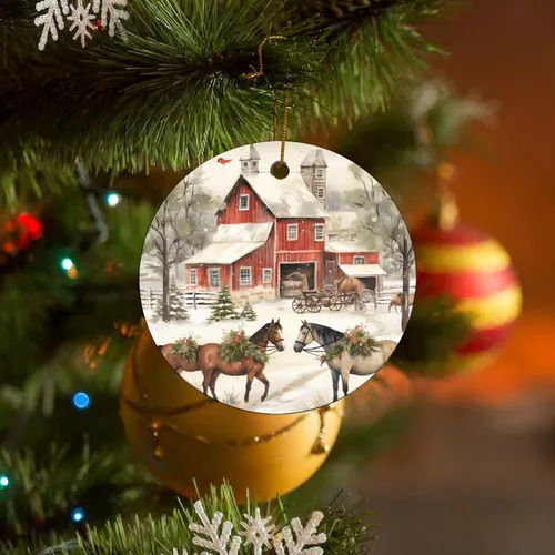 Vista 7 de Adorno navideño de caballos de granja, regalo para amantes de los caballos, de porcelana de doble cara, adorno de 3 pulgadas para árbol de Navidad
