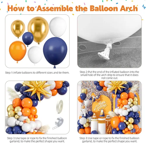 Vista 7 de Kit de arco de guirnalda de globos azules y naranjas, 107 globos de látex azul oscuro, blanco y naranja, lámina de estrella dorada para cumpleaños