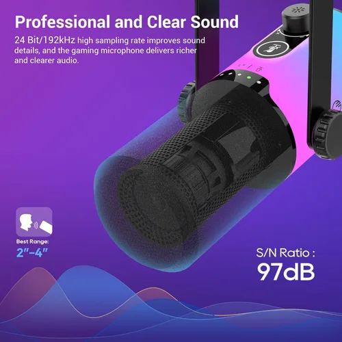 Vista 2 de FDUCE Juego de micrófono dinámico para juegos, micrófono de computadora USB/XLR para podcast con soporte de brazo extensible, luz RGB, botón