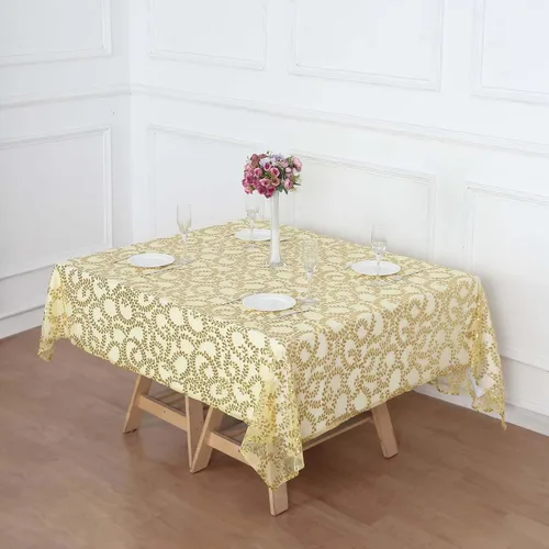 Vista 2 de Efavormart - Superposición de mesa de tul bordado de hojas de lentejuelas doradas de 72 x 72 pulgadas, mantel cuadrado transparente