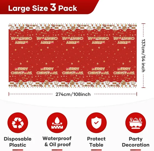 Vista 7 de 3 piezas de mantel de Navidad de 54x108 pulgadas con diseño de hombre de jengibre y casa, mantel rectangular desechable de plástico para Navidad