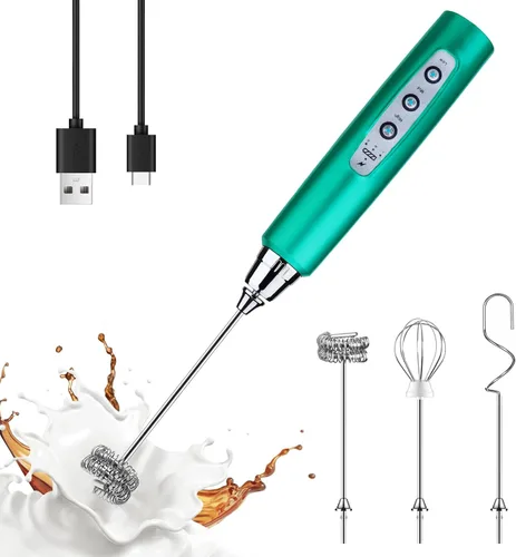 Vista 14 de YUSWKO Baby Blue - Varita espumadora de leche de mano para café, batidor eléctrico recargable con 3 cabezales, 3 velocidades, mezclador de bebidas