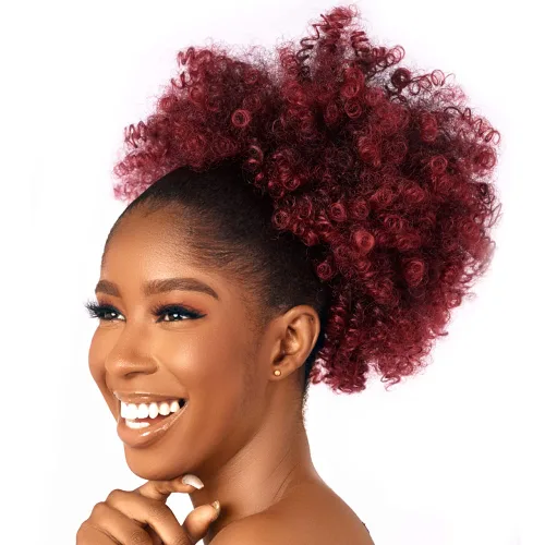 Vista 18 de Extensión de cola de caballo rizada con cordón para mujeres negras, extensiones de cabello sintético corto afro kinkys rizado con dos clips (1#)